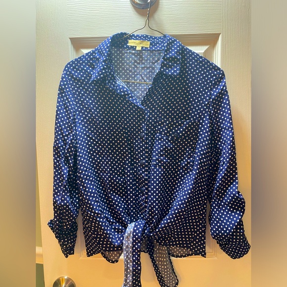 Love Notes | Navy Polka Dot long Sleeve Button Down Shirt - Picture 1 of 4